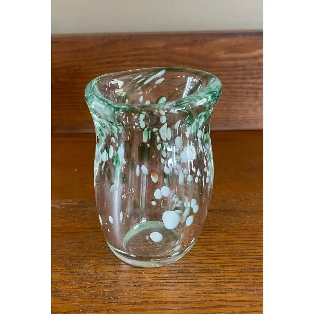 Art Glass Hand Blown Heavy Glass Vase Green & White Swirl 4